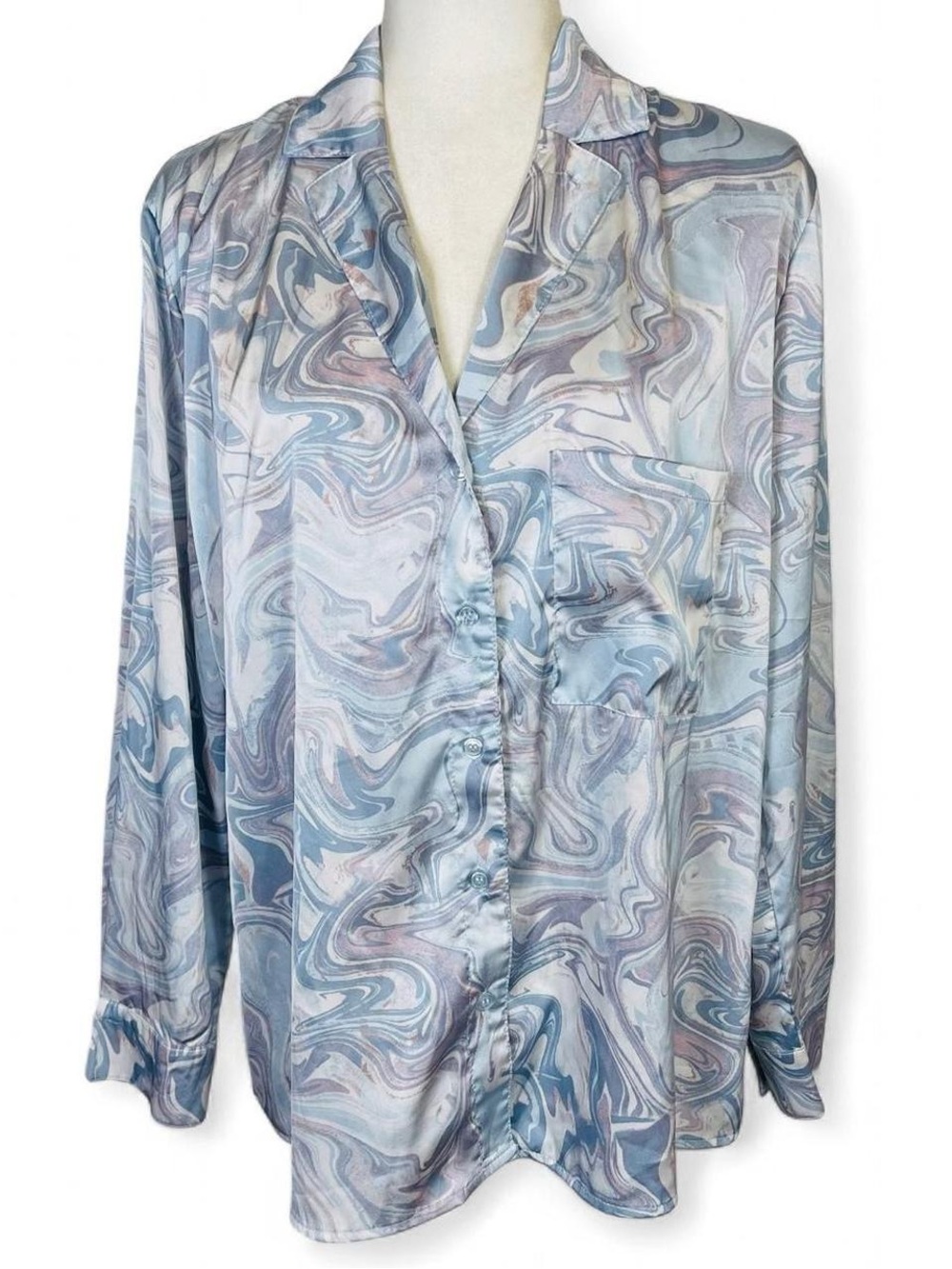 Self Esteem Size Large L Blue White Long Sleeve Swirl Print Top Shirt Button